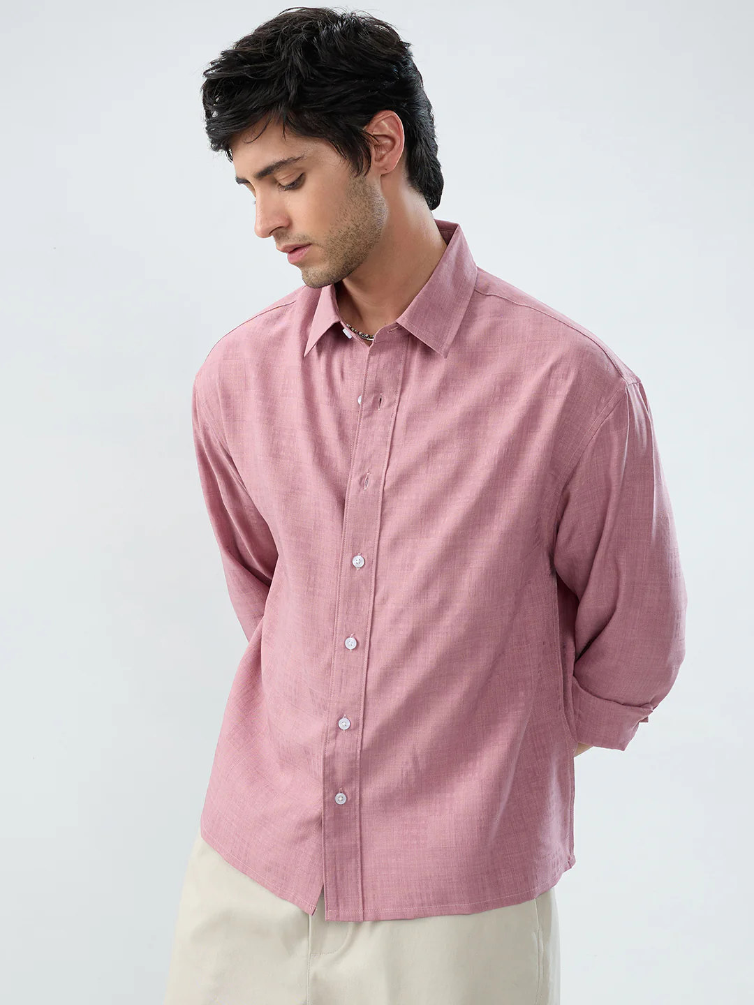 Mauve Pink Soft Grid Textured Boxy Fit Oversized Crop Shirt - Image 6