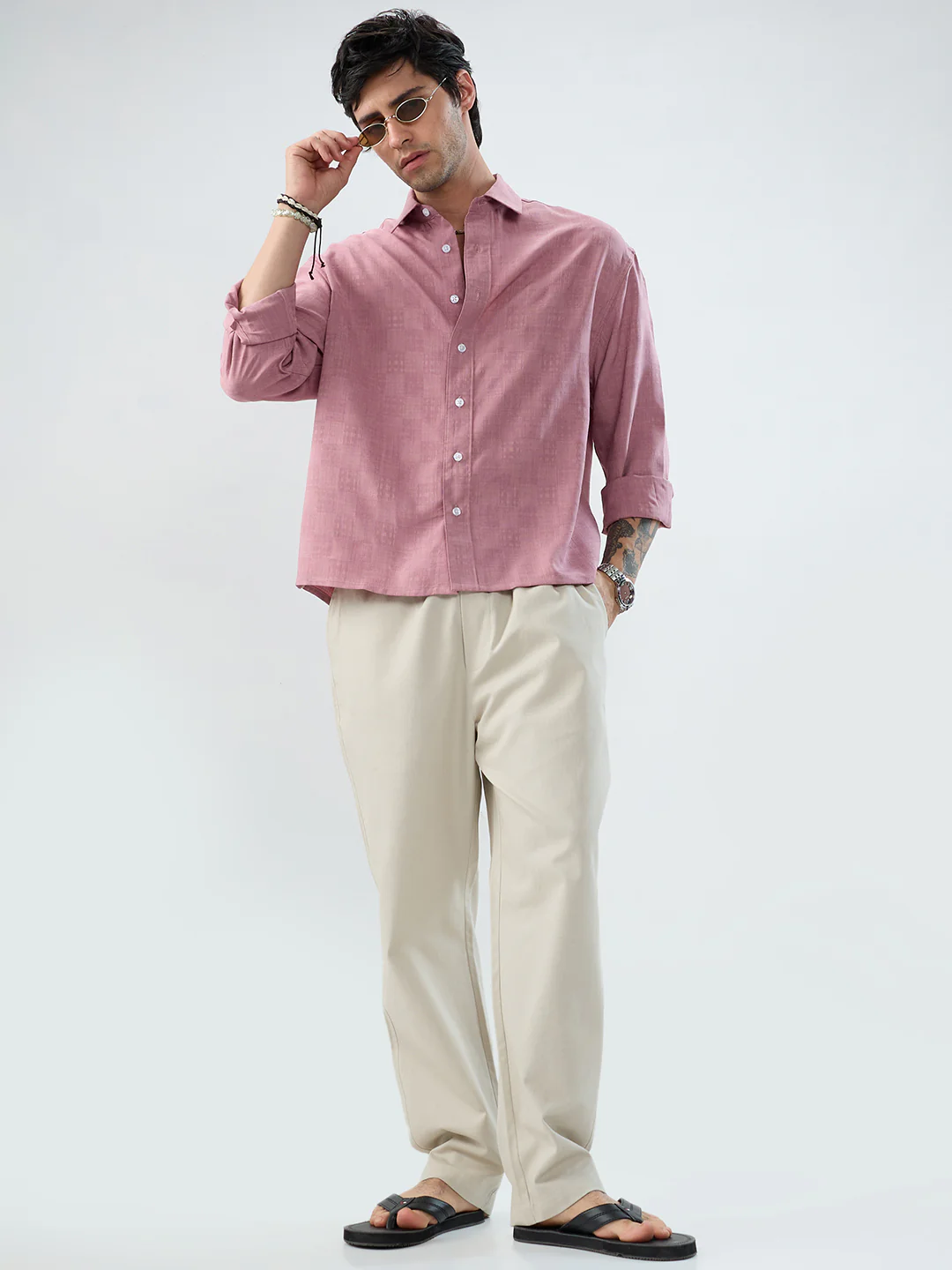 Mauve Pink Soft Grid Textured Boxy Fit Oversized Crop Shirt - Image 8