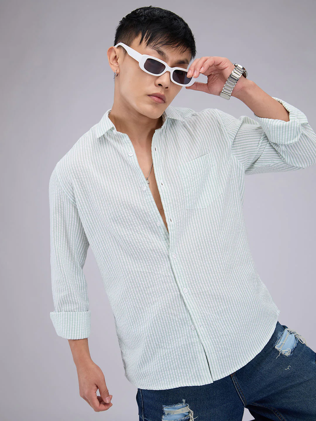 Mint Green Seersucker Striped Shirt - Image 2