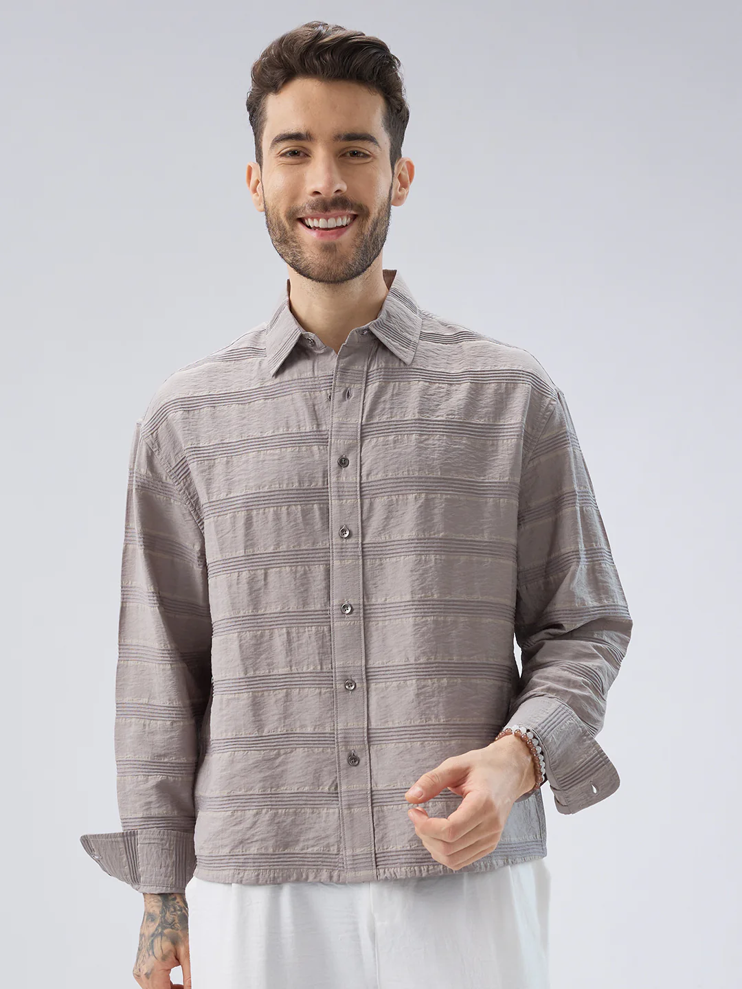 Misty Grey Textured Stripe Boxy Fit Crop Shirt - Image 5