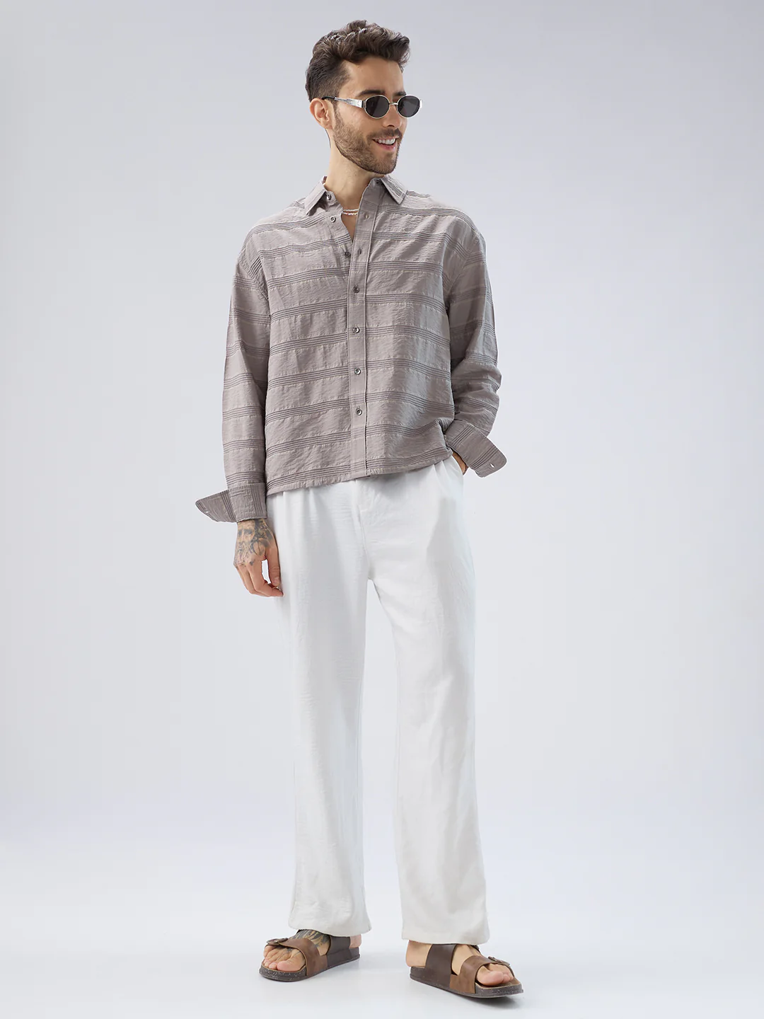 Misty Grey Textured Stripe Boxy Fit Crop Shirt - Image 8