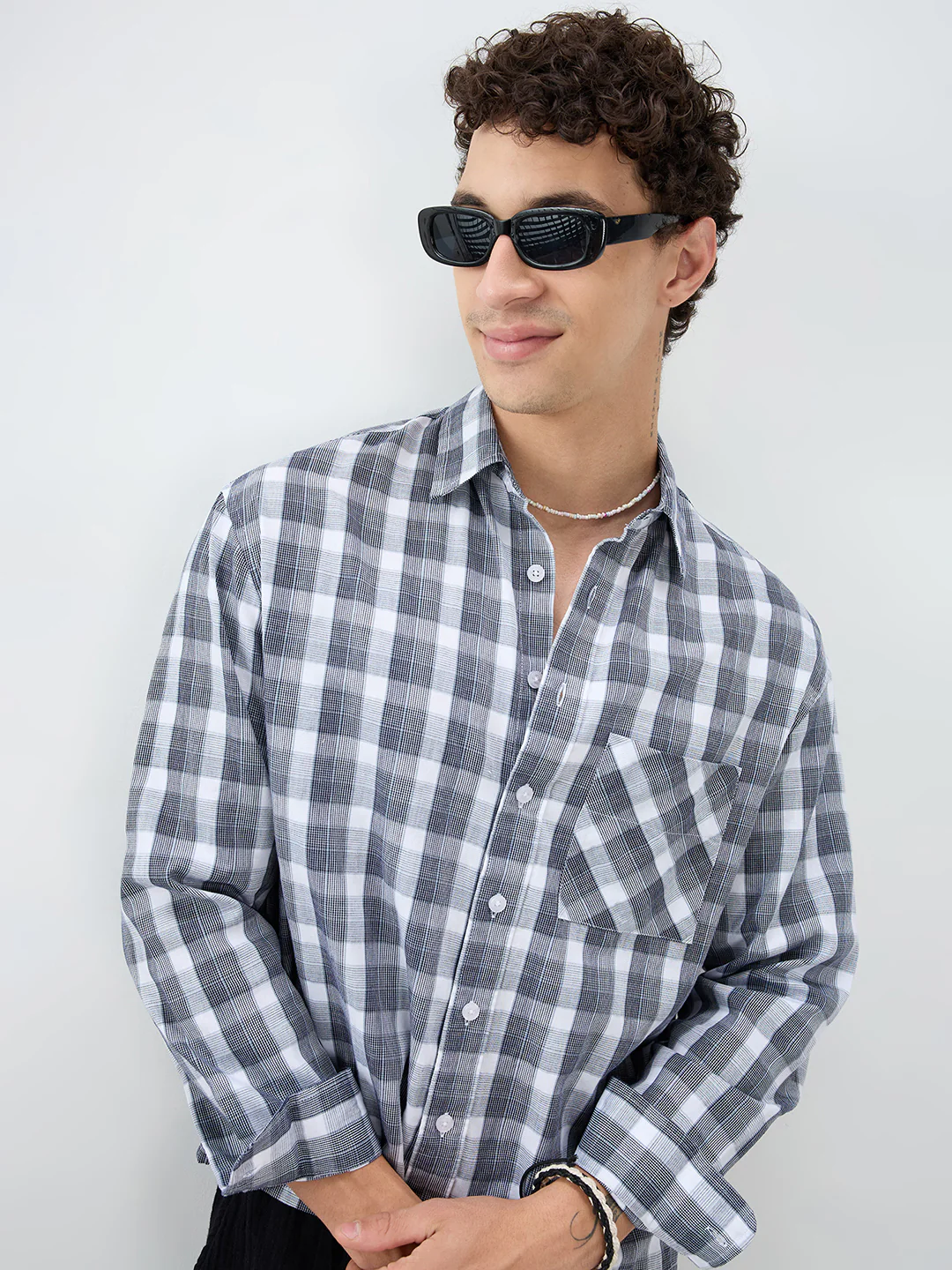 Monochrome Dual Scale Grid Weave Boxy Fit Crop Shirt - Image 2