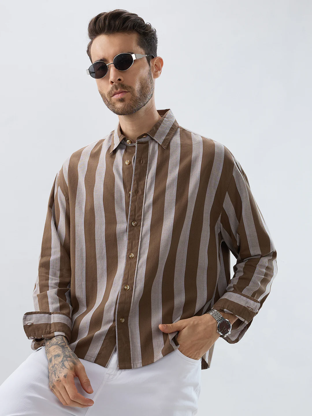 Mud Brown Bold Striped Boxy Fit Crop Shirt