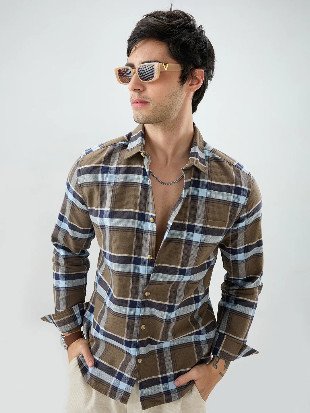 Brown & Navy Tartanique Checked Shirt - Image 2