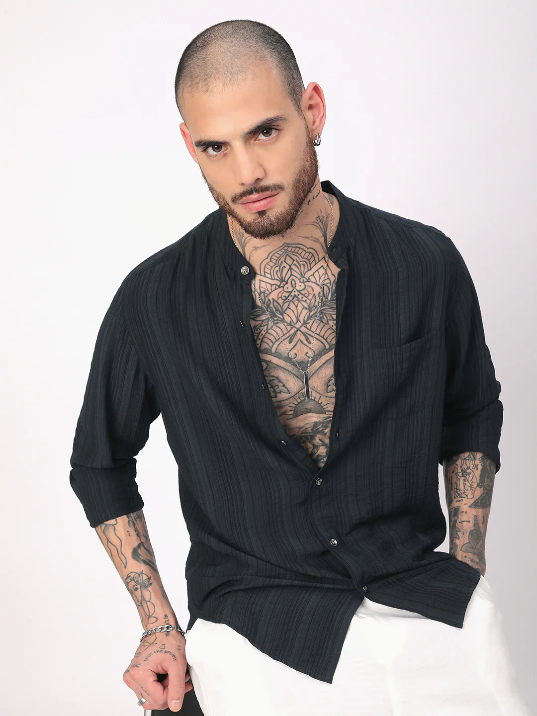 Navy Pencil Stripes Mandarin Shirt