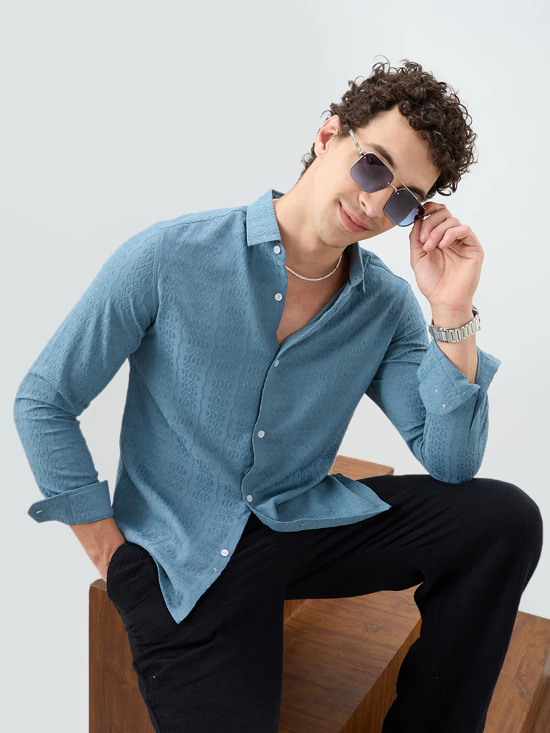 Ocean Teal Motif Raised Textured Crinkled Shirt