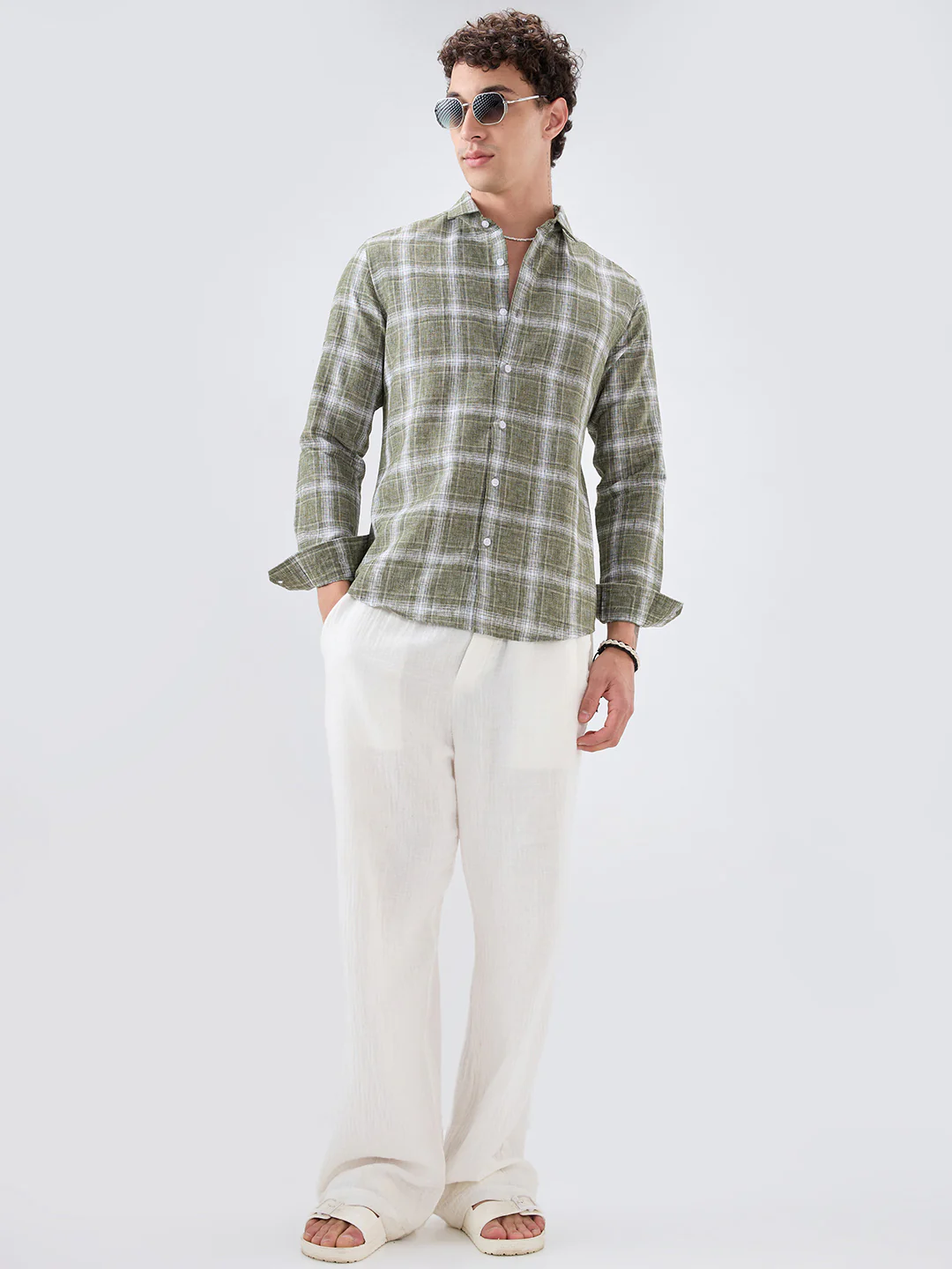 Olive Abstract Grid Checks Textured Shirt - Image 8