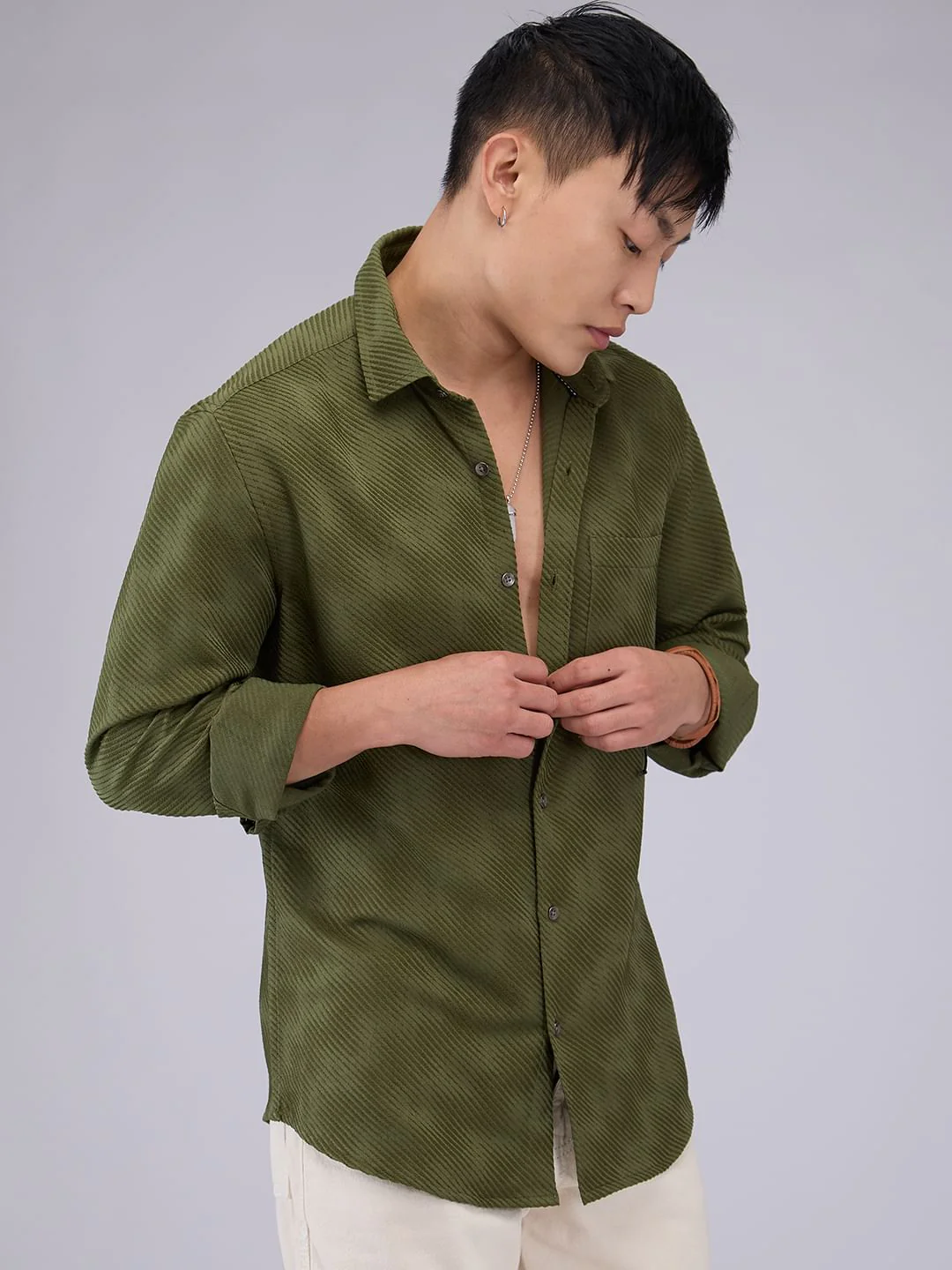 Olive Asymmetric Striped Jacquard Shirt - Image 5