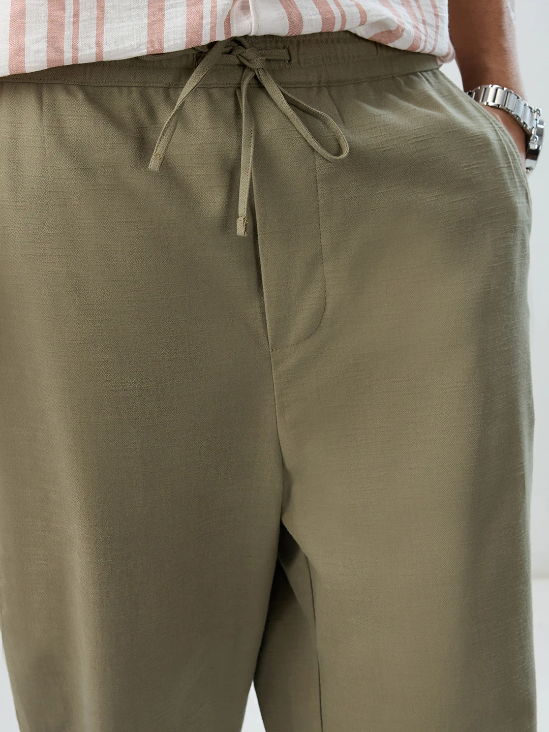 Olive Subtle HerrigboneTextured Straight-Fit Trousers - Image 3