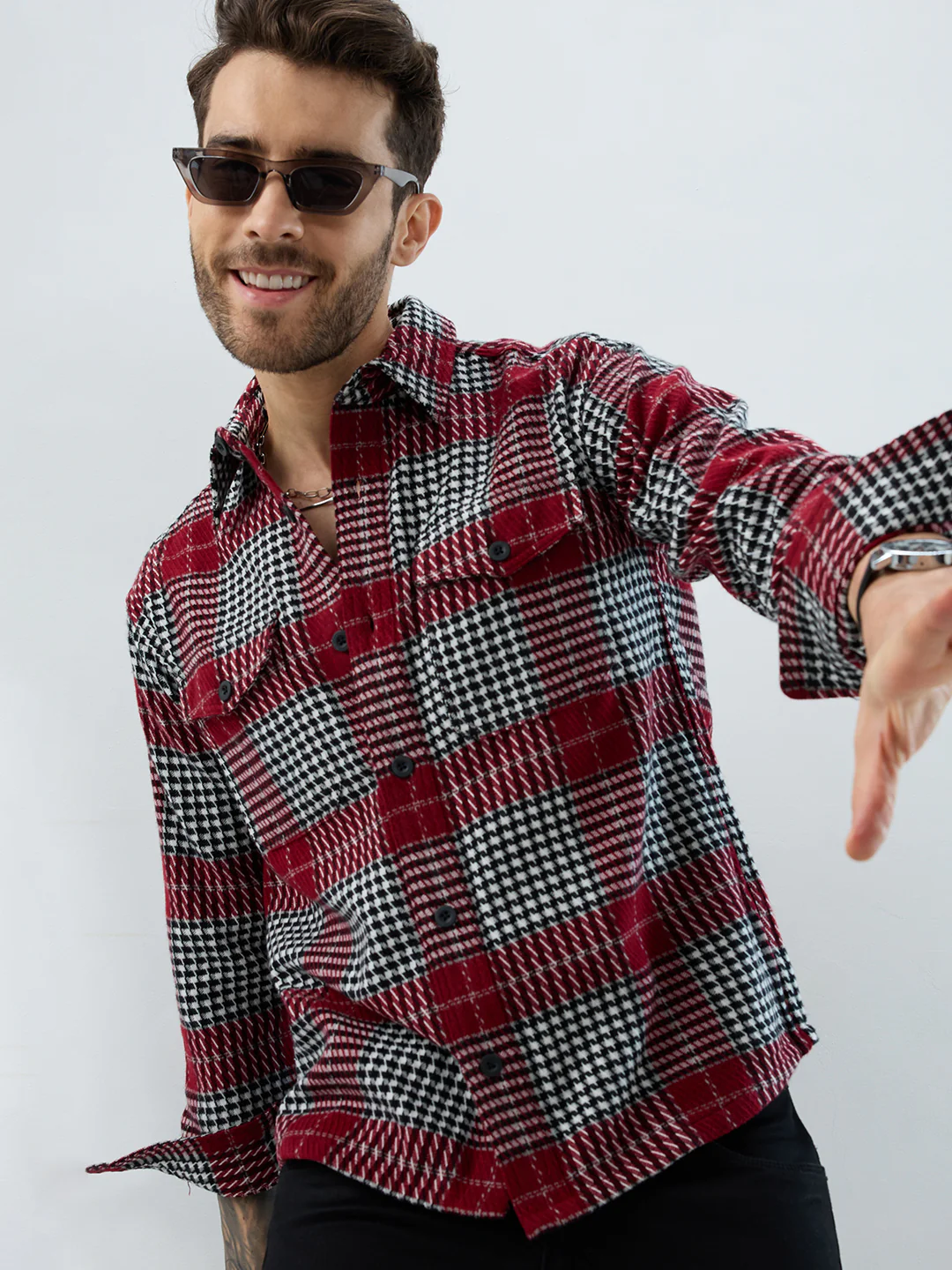 Opulent Red Houndstooth Checkmate Twin Pocket Flannel Shirt - Image 2