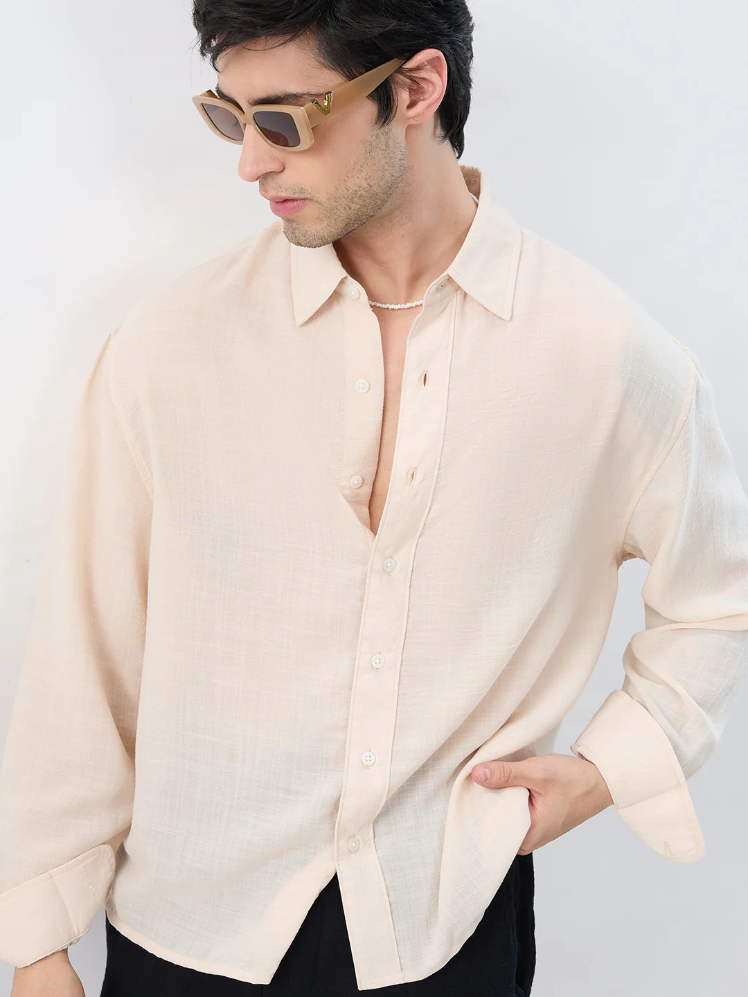 Pearl Cream Soft Sheer Slub Textured Shirt - Image 2