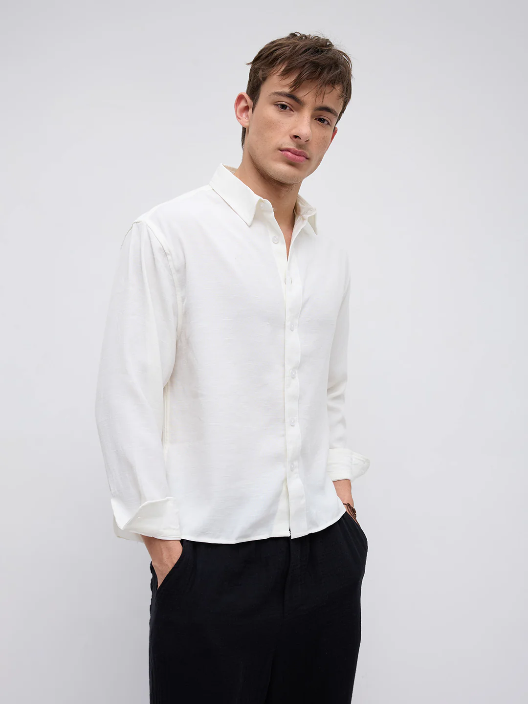 Pearl White Slub Crinkled Boxy Fit Crop Shirt - Image 7