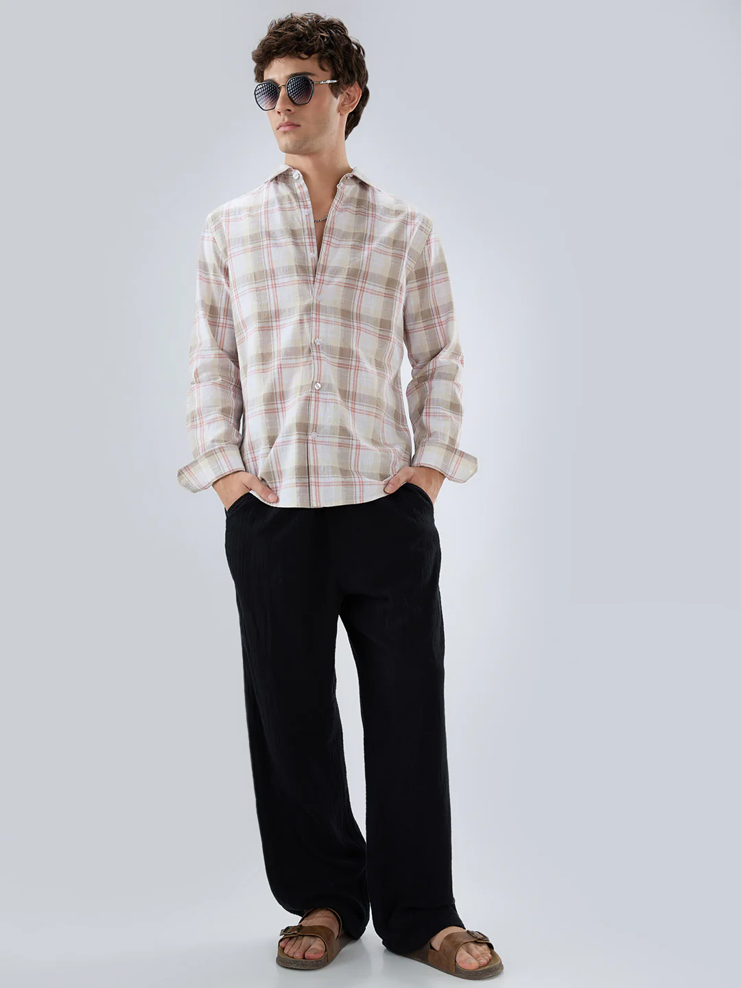 Pink & Brown Fine Weave Plaid Linen Blend Checks Shirt - Image 9
