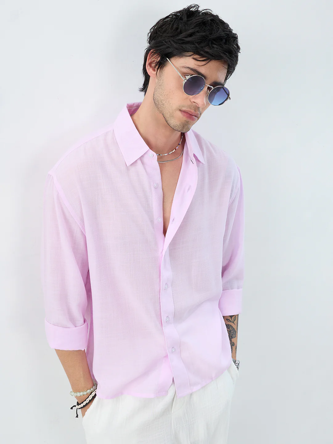 Pink Pearl Slub Textured Boxy Fit Crop Shirt - Image 4
