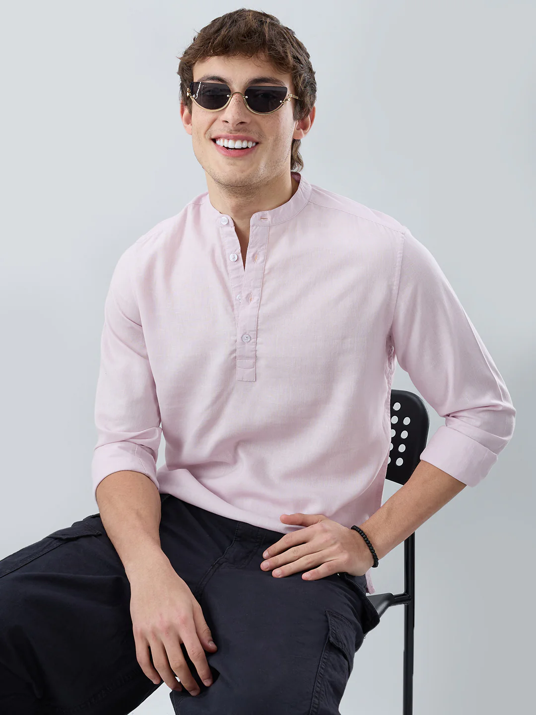 Premium Baby Pink Slub Textured Linen Blend Kurta - Image 2