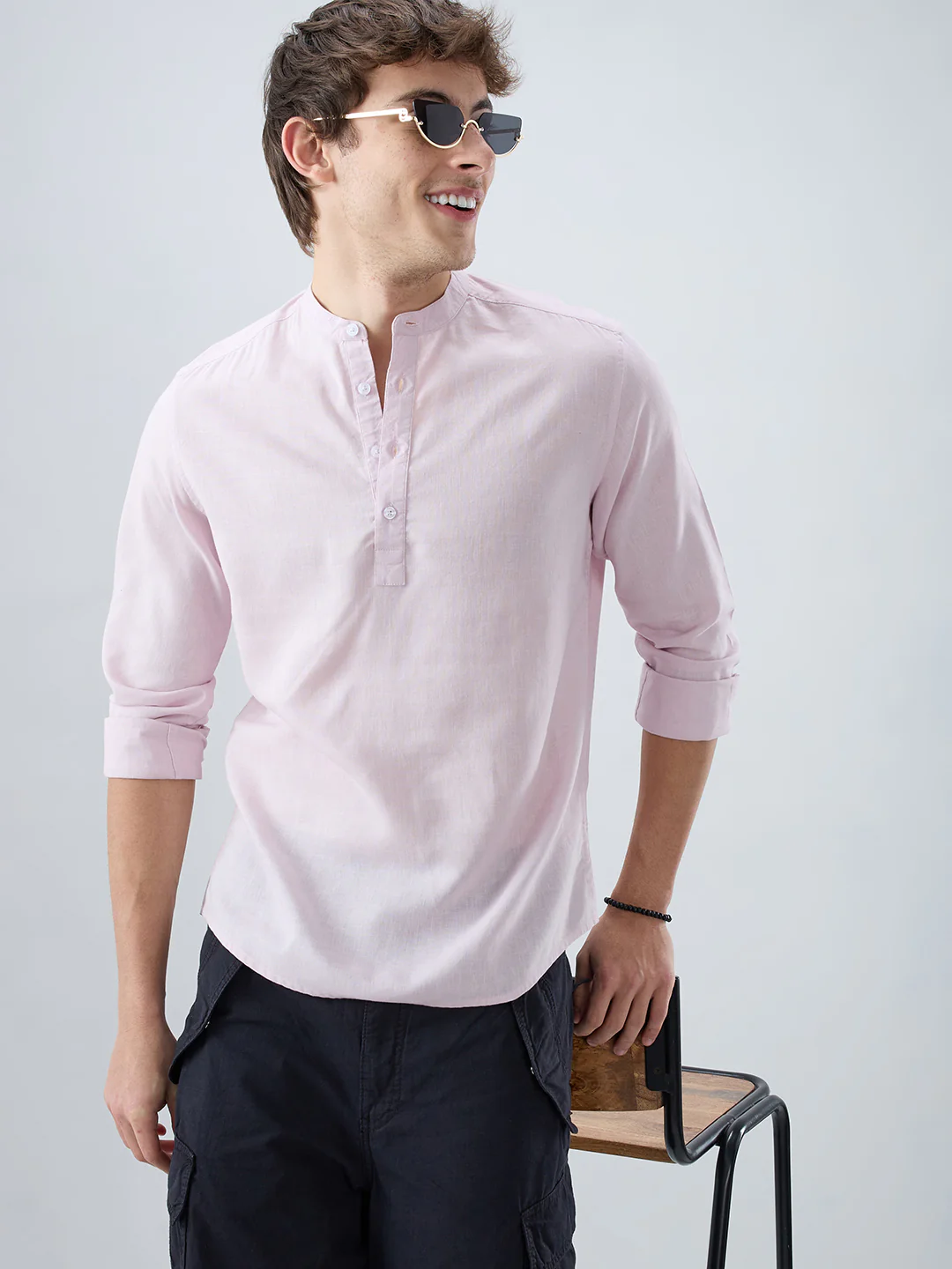 Premium Baby Pink Slub Textured Linen Blend Kurta - Image 4