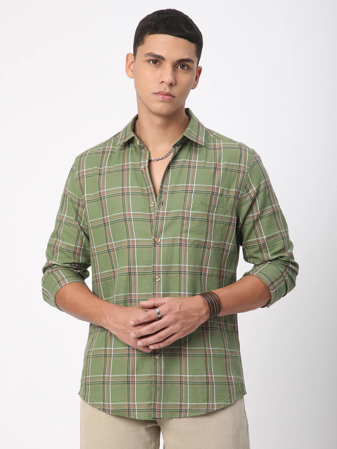 Premium Cotton Basil Green Tartan Checked Shirt