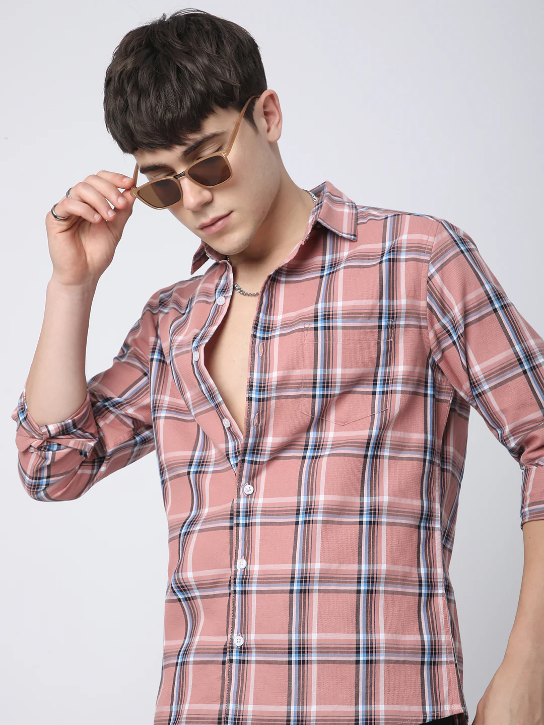 Premium Cotton Dark Peach Dupplin Checked Shirt
