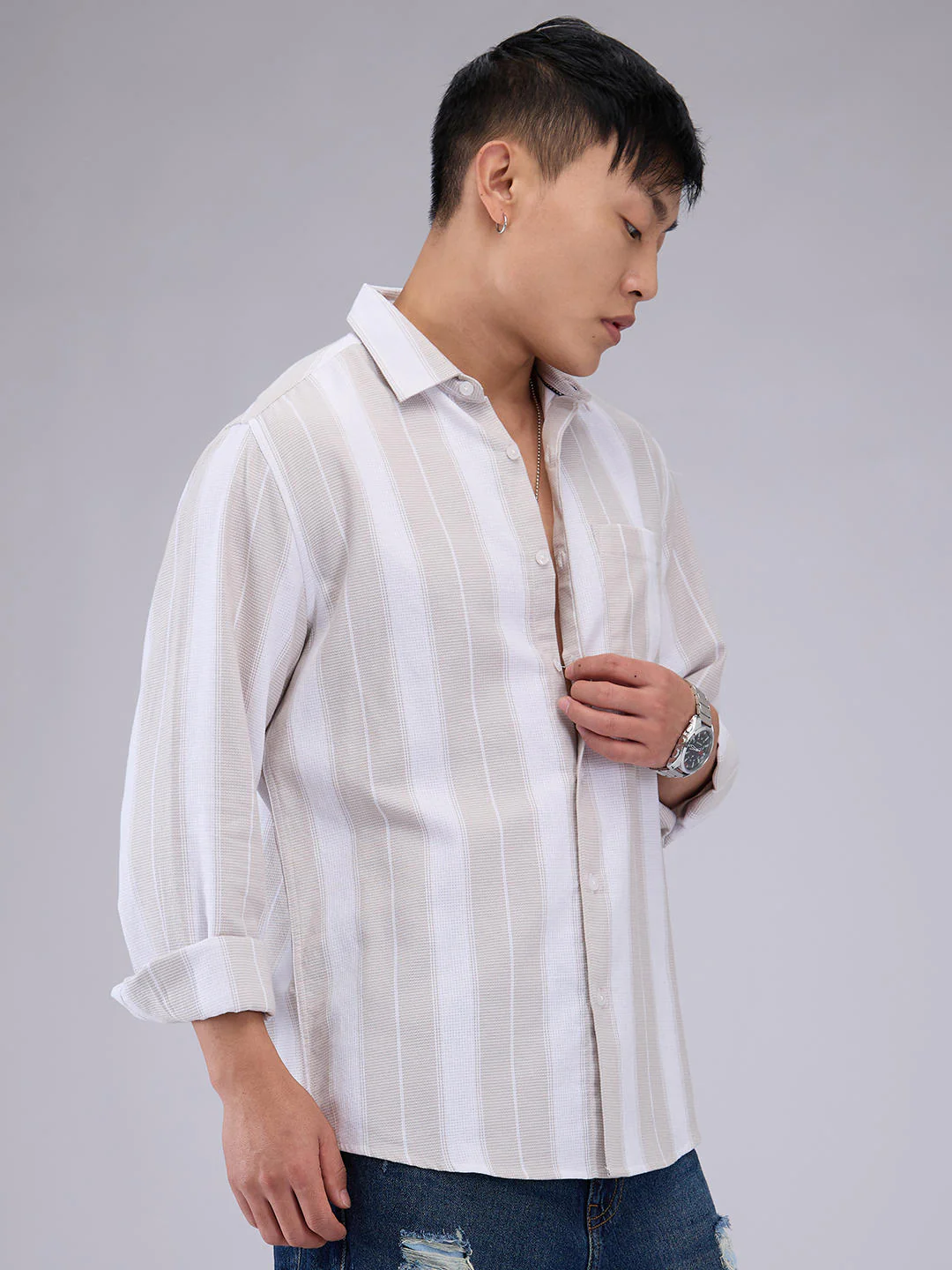 Premium Cotton Greige & White Broad Striped Shirt - Image 6