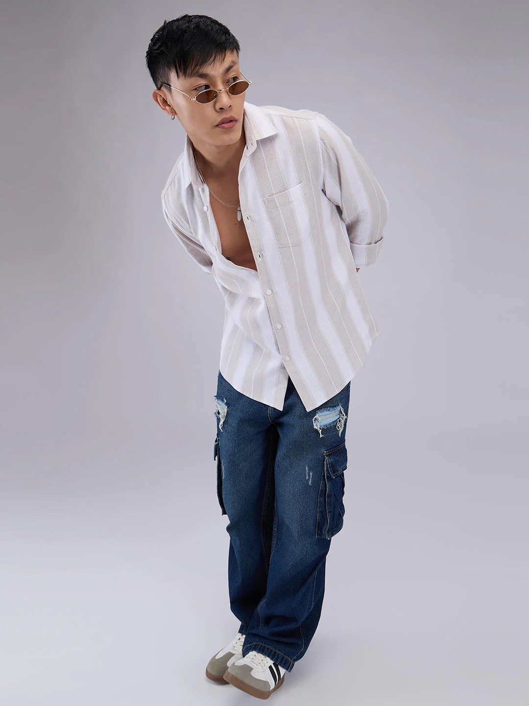Premium Cotton Greige & White Broad Striped Shirt - Image 8