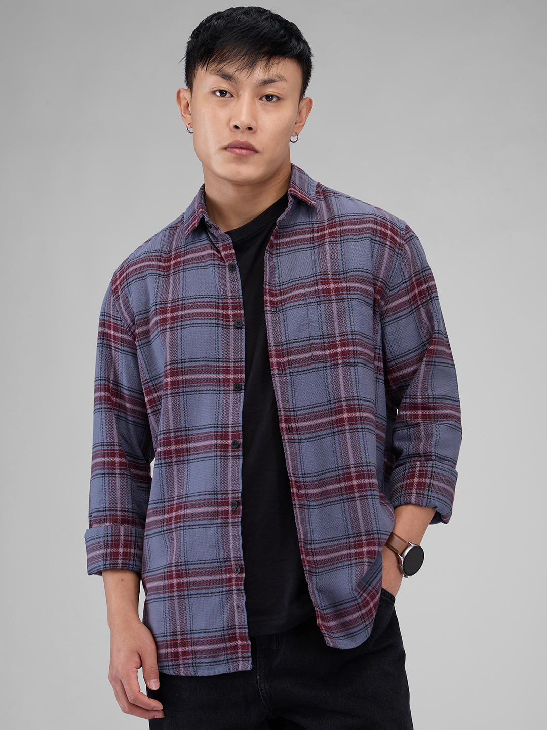 Premium Cotton Grey & Maroon Tartan Checkered Shirt - Image 5