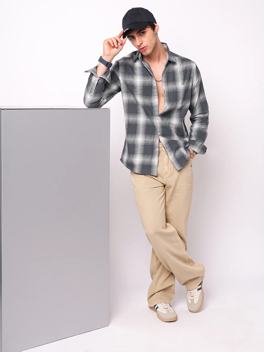 Premium Cotton Grey & White Box Checks Textured Shirt - Image 8