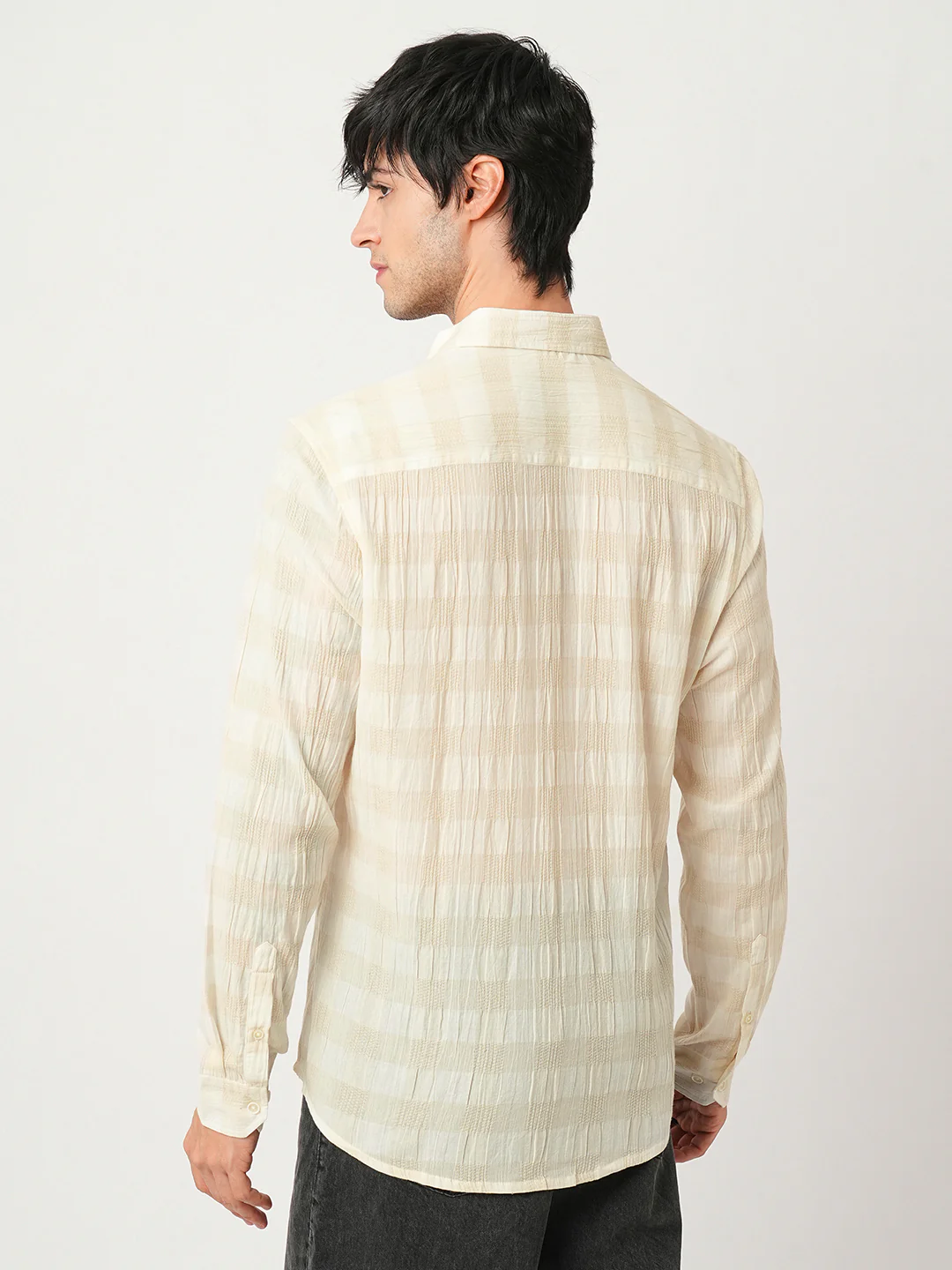 Premium Cotton Ivory Broad Checked Crepe Shirt - Image 6