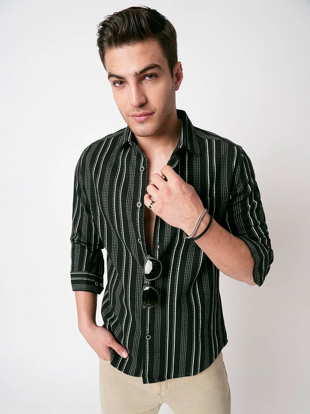 Premium Cotton Olive Pencil Striped Waffle Shirt - Image 2