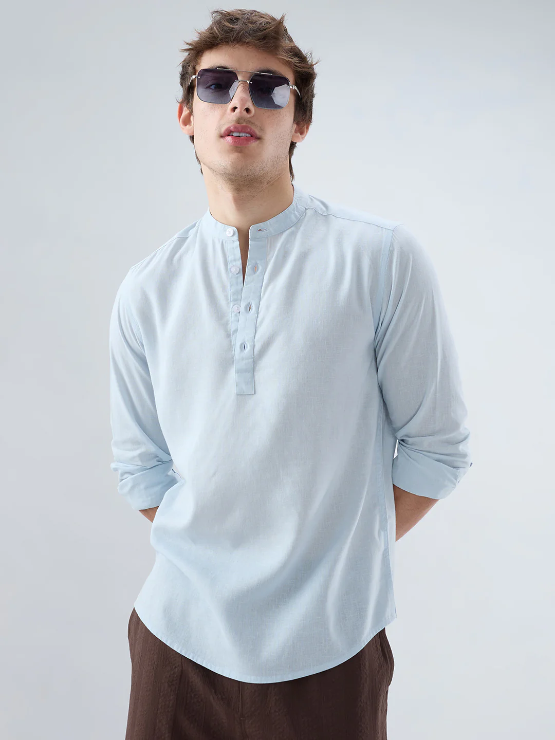 Premium Sky Blue Slub Textured Linen Blend Kurta - Image 2