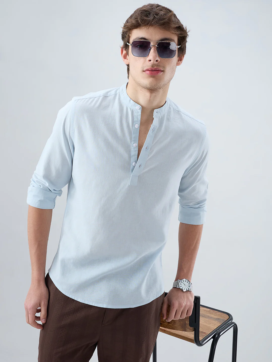 Premium Sky Blue Slub Textured Linen Blend Kurta - Image 4