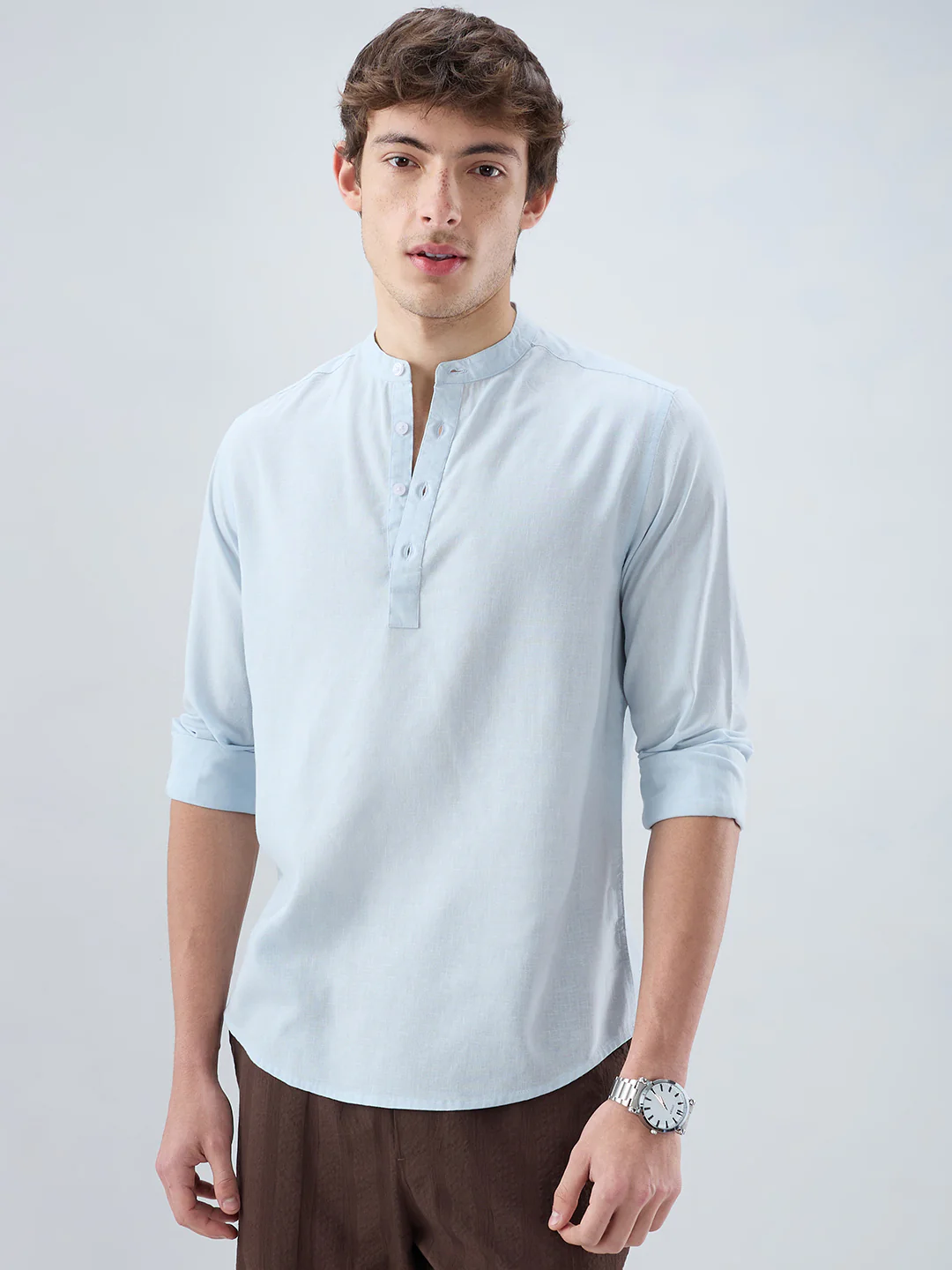 Premium Sky Blue Slub Textured Linen Blend Kurta - Image 5