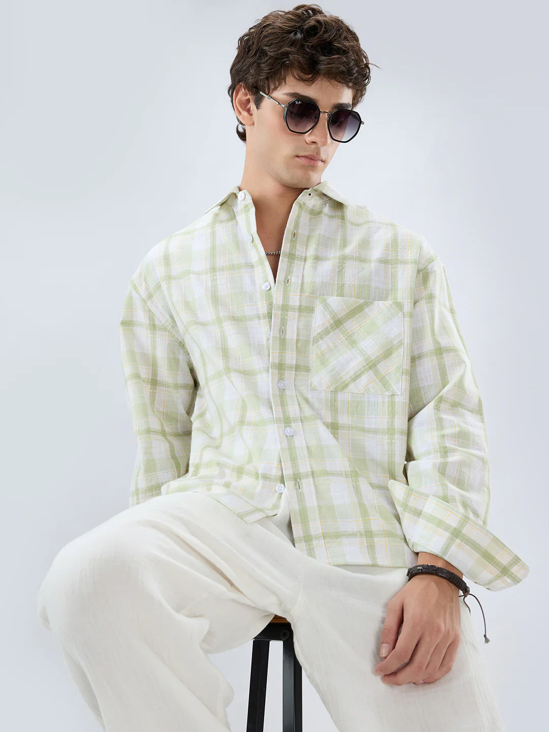 Premium Spring Green Fine Weave Linen Blend Boxy Fit Crop Shirt - Image 4