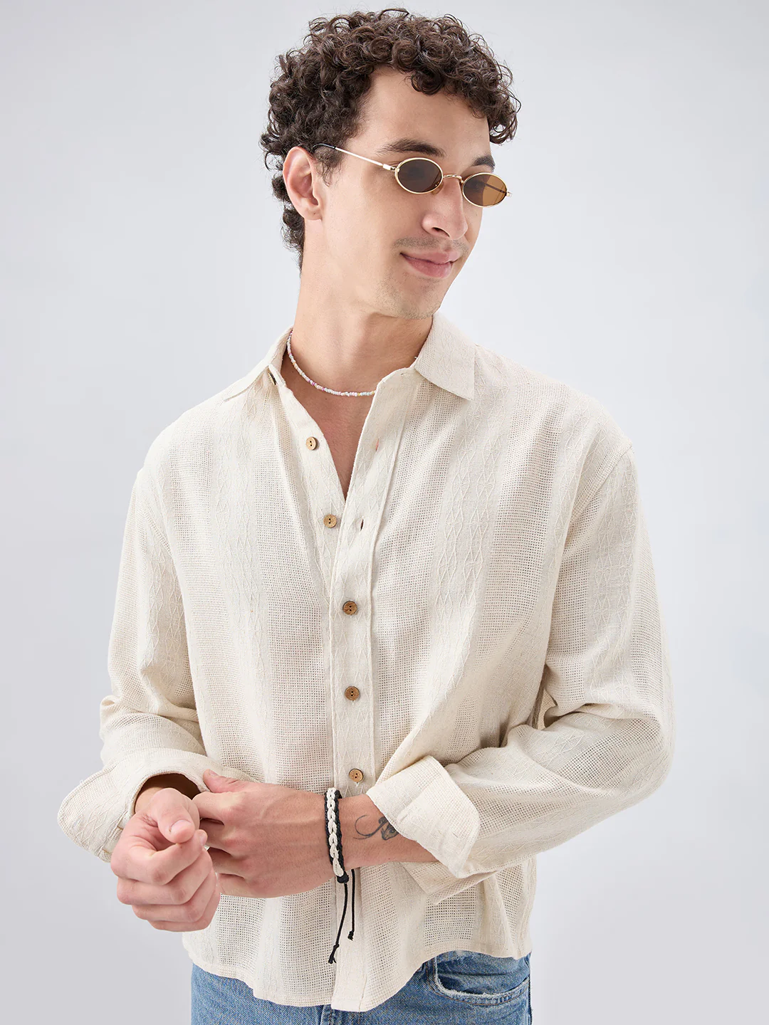 Raw Linen Blend Micro Weave Lozenge Textured Boxy Fit Crop Shirt - Image 2