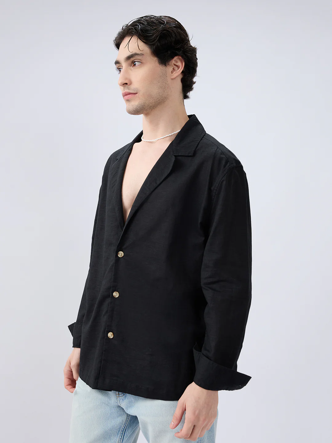 Refined Black Luxe Linen Lapel Collar Oversized Shirt - Image 5