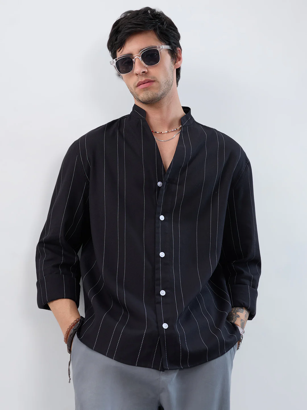 Refined Black Pinstripe Stand-Collar Oversized Shirt