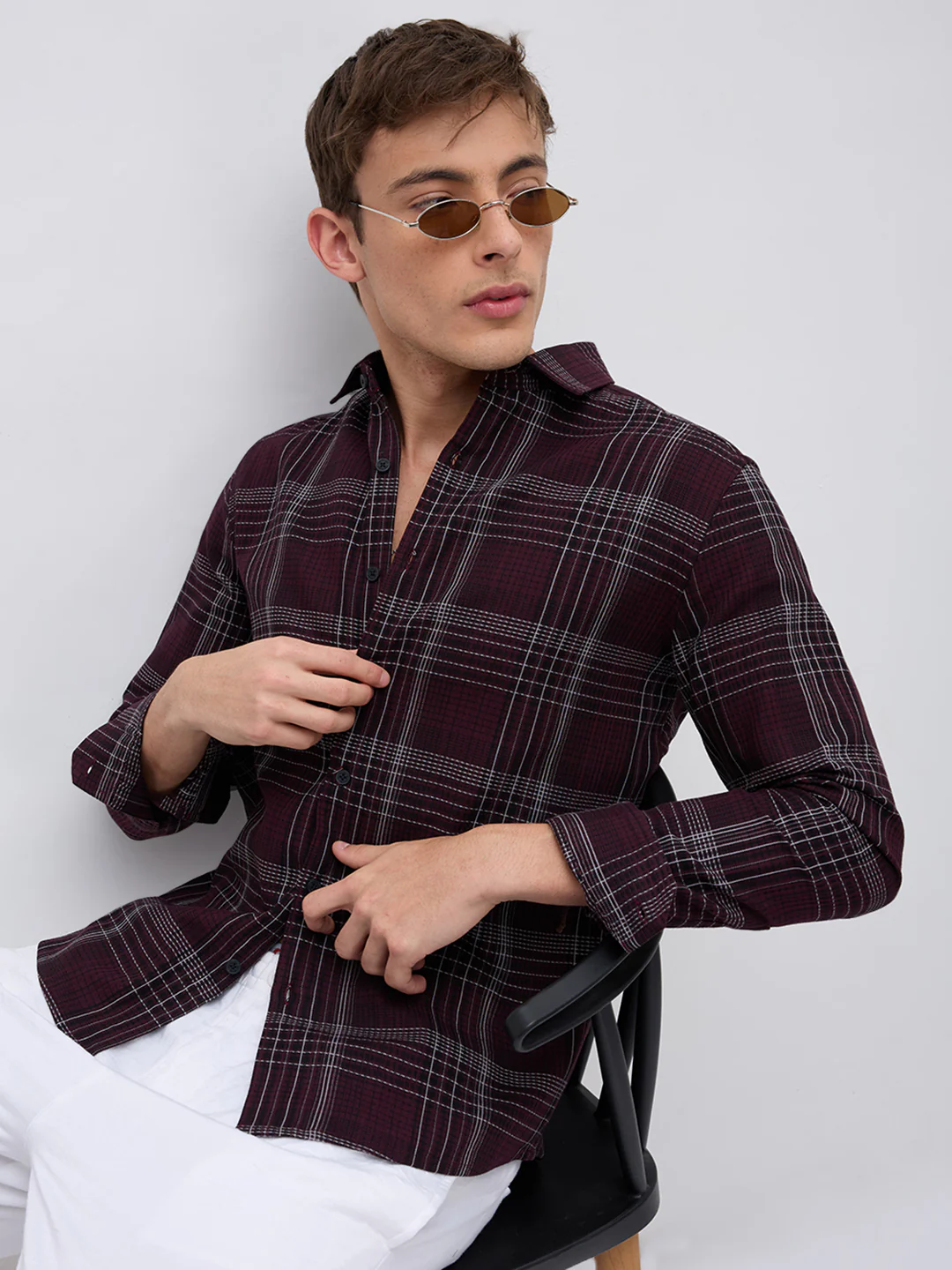 Refined Maroon & White Contrast Checks Shirt