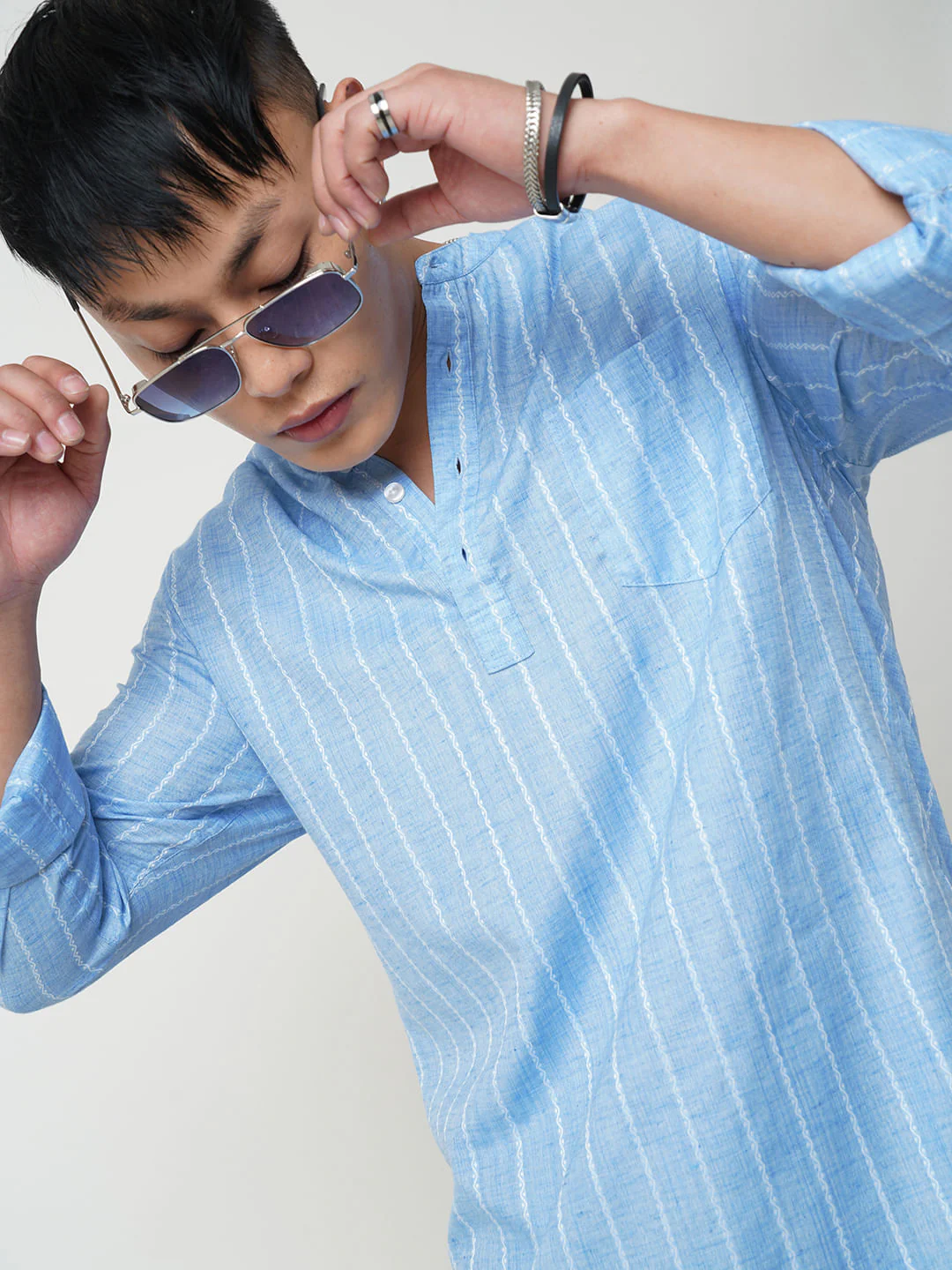Sky Blue Dobby Striped Kurta - Image 2