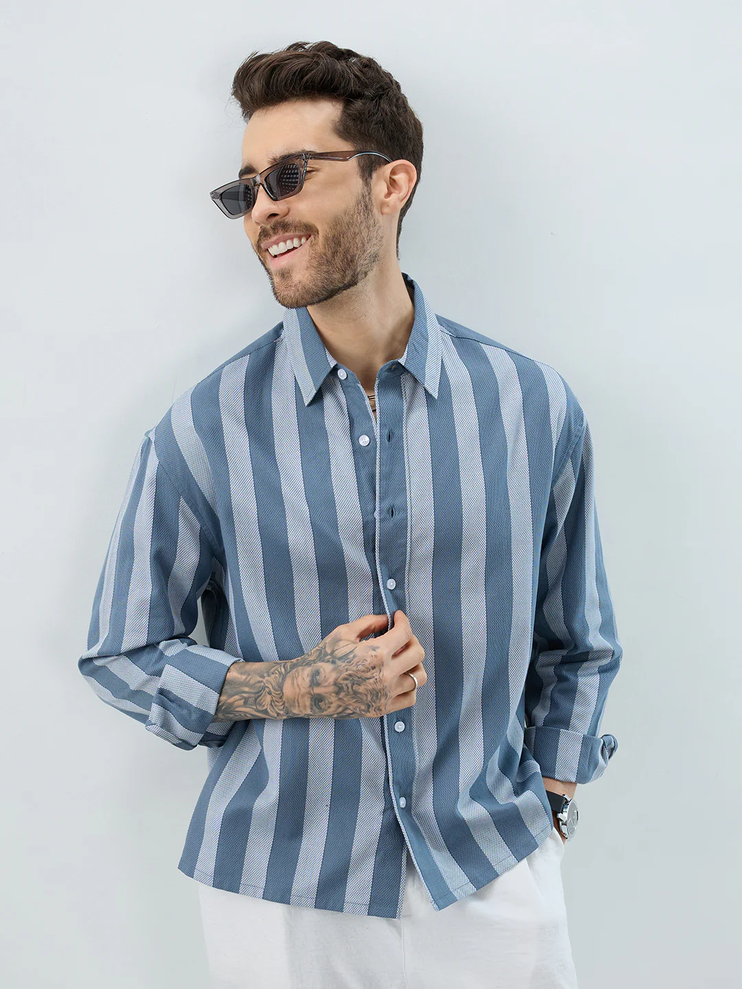 Slate Blue Grey Bold Striped Boxy Fit Crop Shirt - Image 2