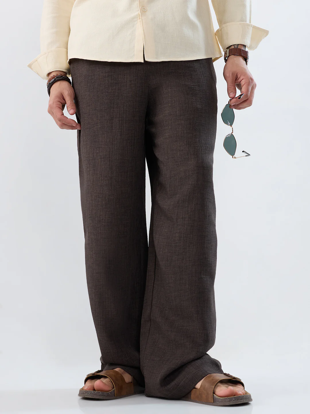 Slate Grey Slub Textured Wide-Leg Trousers