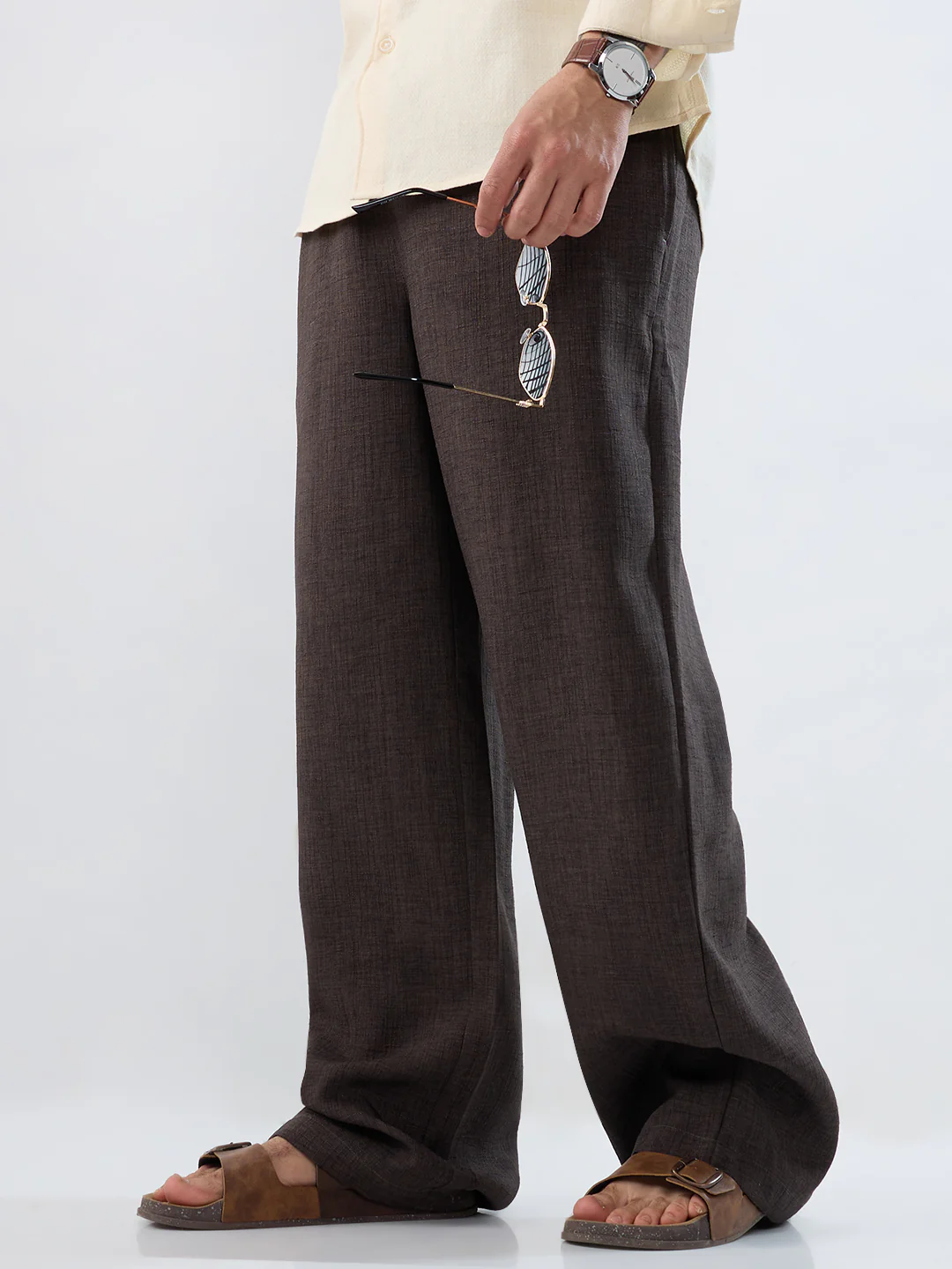 Slate Grey Slub Textured Wide-Leg Trousers - Image 2