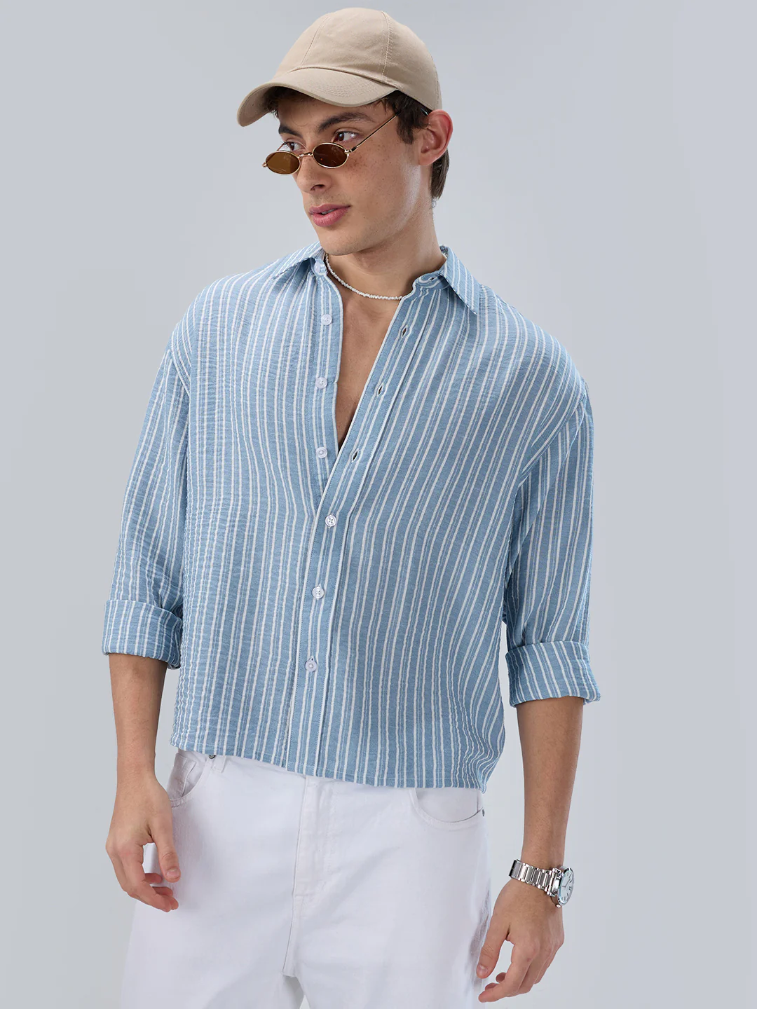 Slushy Dusty Blue Linear Striped Boxy Fit Crop Shirt