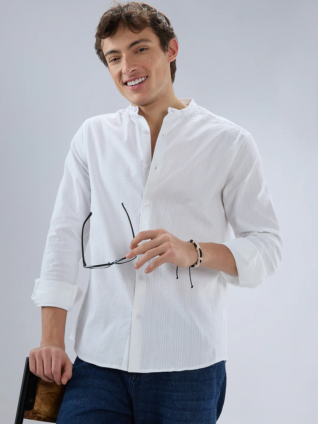 Snow White Seersucker Striped Mandarin Shirt