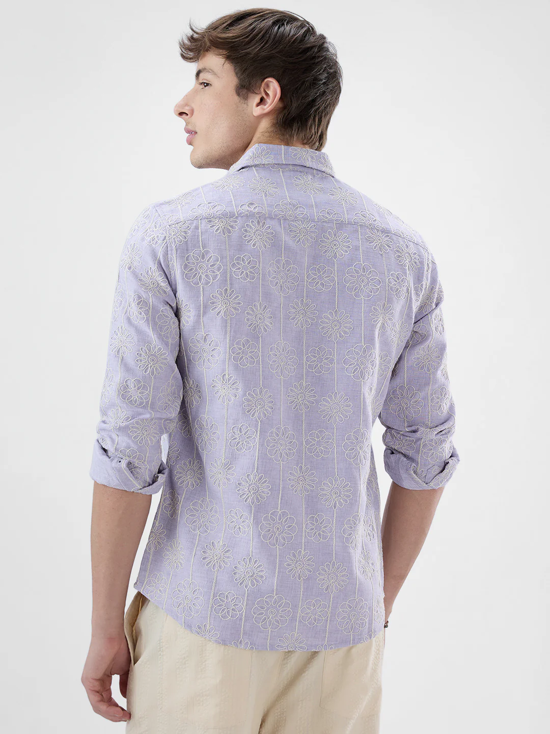 Soft Lilac Floral Embroidered Slub Shirt - Image 7