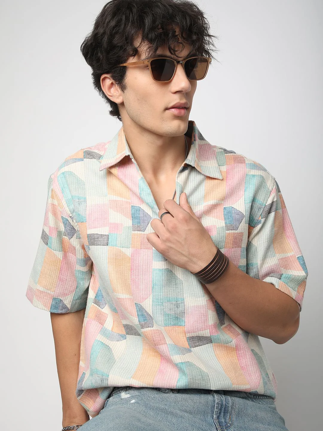 Soft Pastel Hues Abstract Printed Oversized Polo Shirt - Image 4