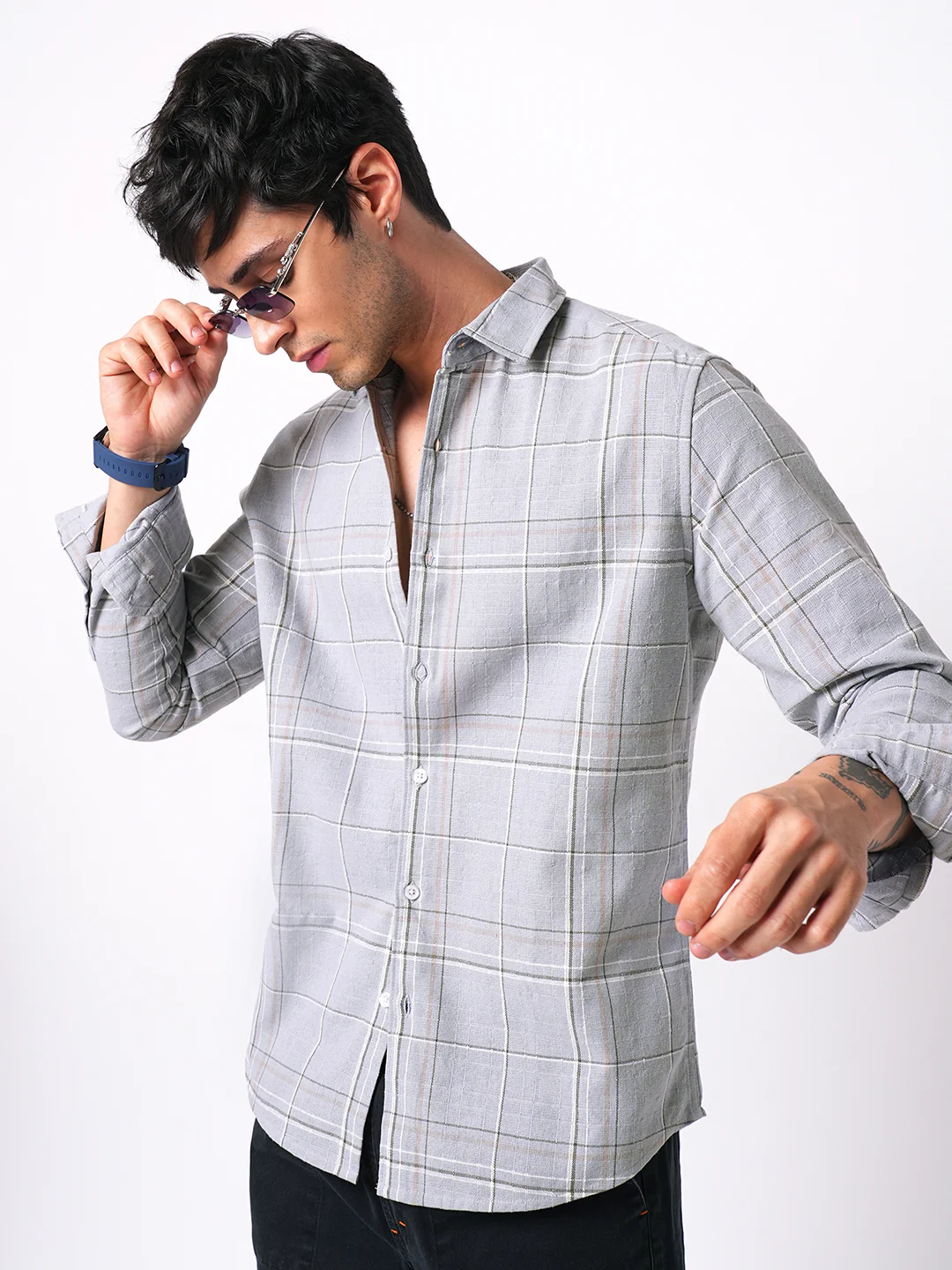 Spiffy Grey Windowpane Checks Textured Shirt