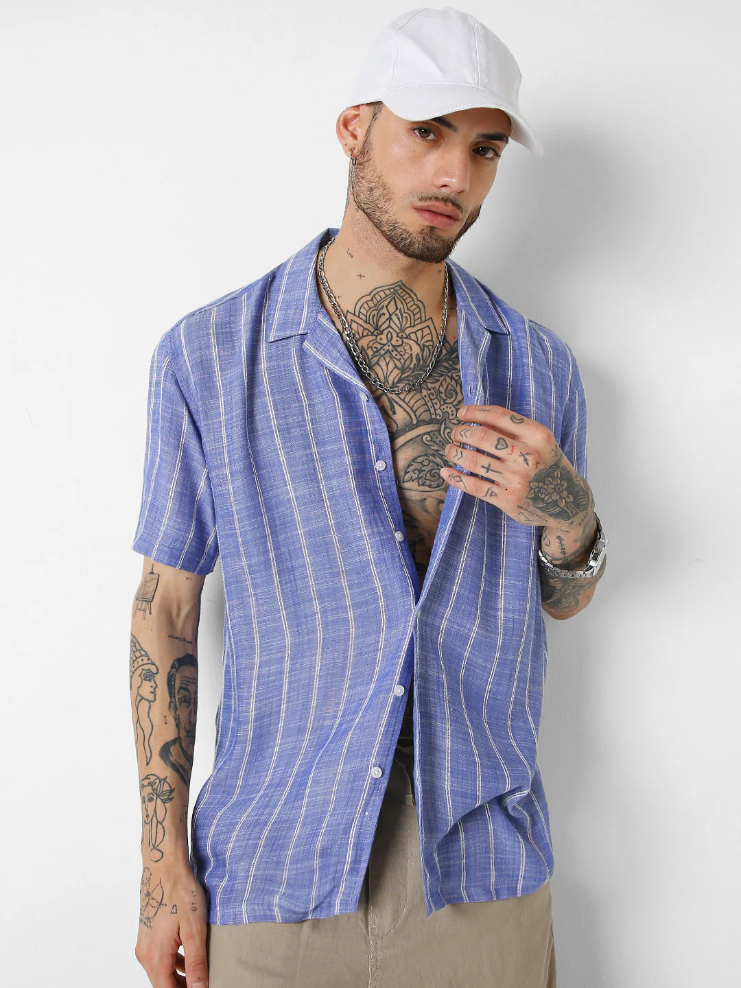 Steel Blue Striped Resort Collar Oversized Shirt - Image 4