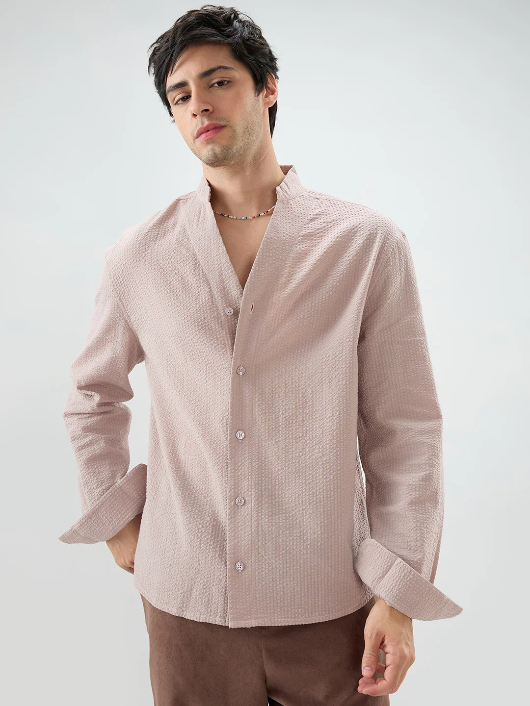 Taupe Beige Seersucker Striped Stand Collar Oversized Shirt - Image 5