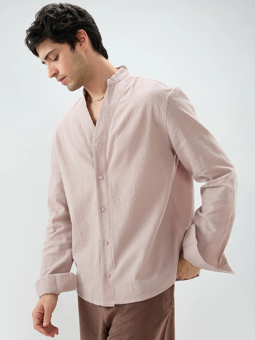 Taupe Beige Seersucker Striped Stand Collar Oversized Shirt - Image 6