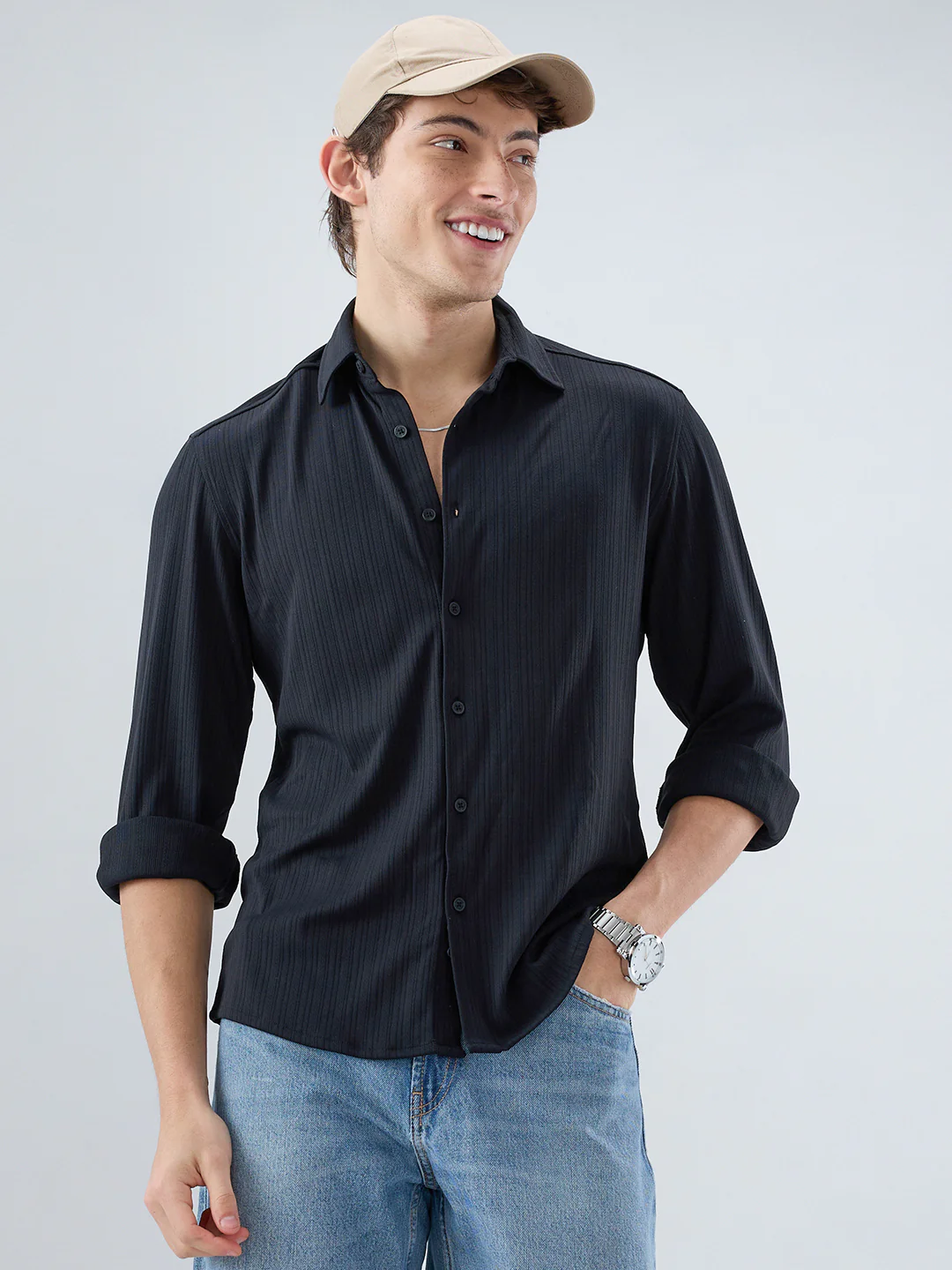 Timeless Black Fine Vertical Ribbed Knitted Shirt - Image 2