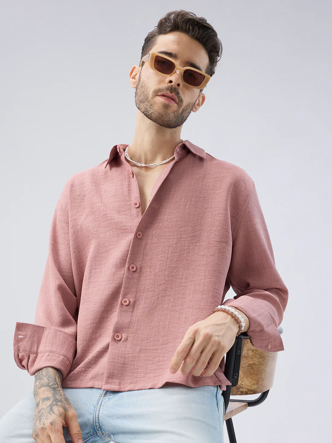 Turkish Rose Pink Slub Textured Side-Slit Button Oversized Crop Shirt